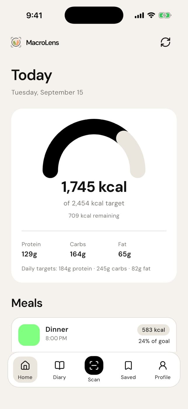 Today screen with calories and macros